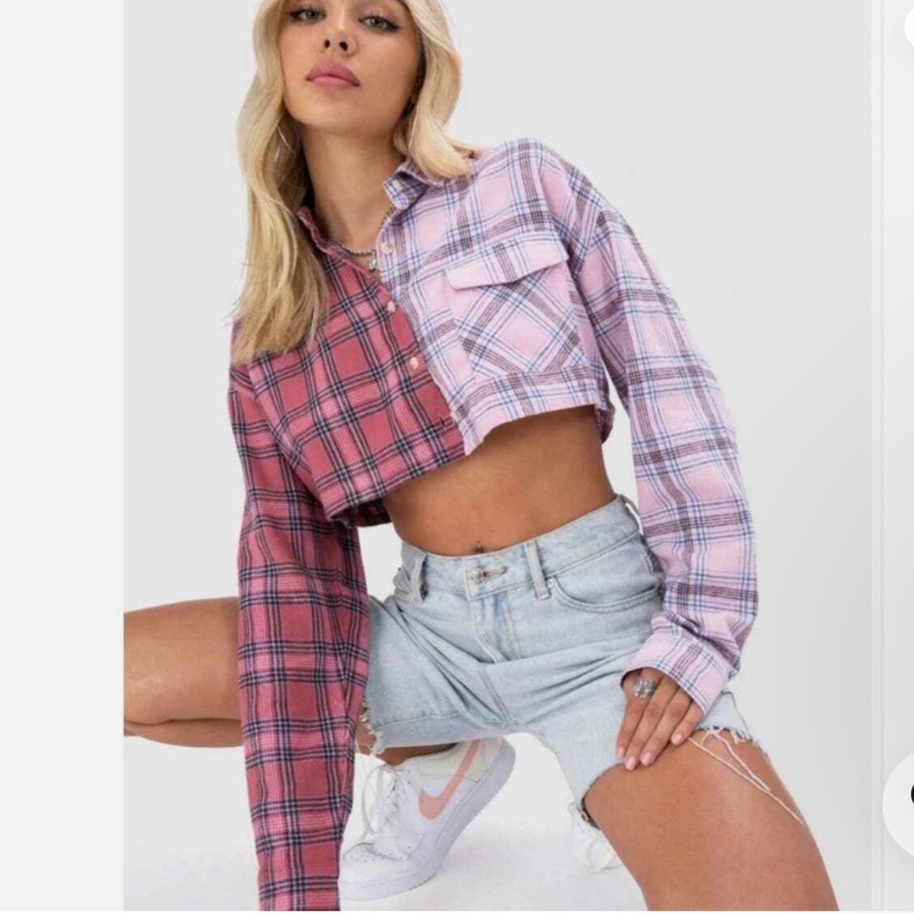 Adika Plaid Multicolor Button Down Crop Top Size Small